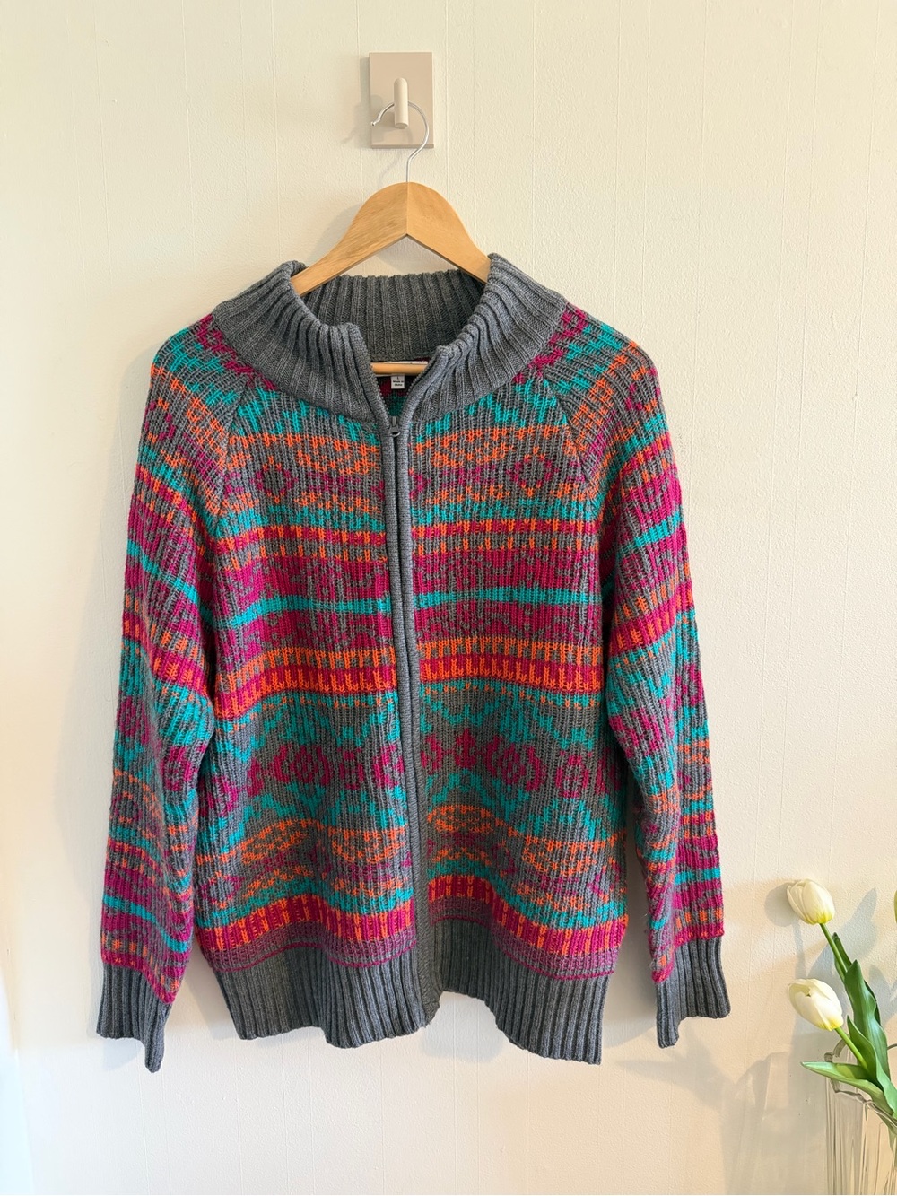 NorthStyle Fair Isle Zip Cardigan Sweater Women’s Large Gray Multicolor